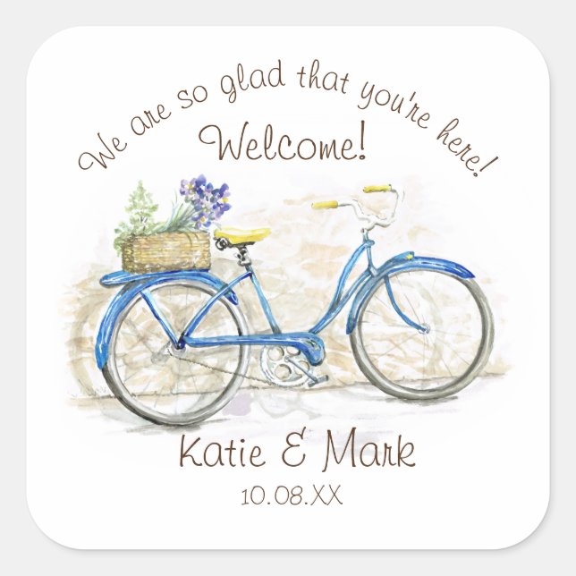 Watercolor Bicycle with Basket Welcome Square Sticker (Front)