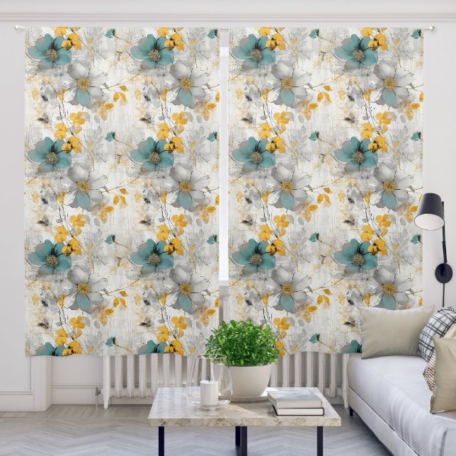 Watercolor Big Bold Blue Gold Floral Blackout Curtains (Living Room)