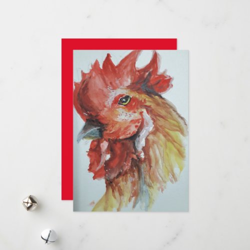 Watercolor big rooster head  holiday card