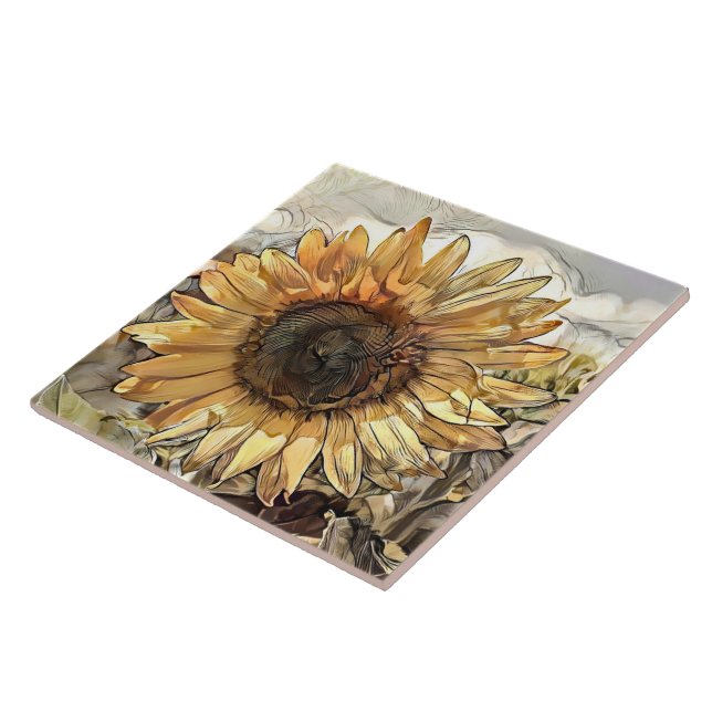 Watercolor Big Sunflower Elegant Collection Ceramic Tile (Side)