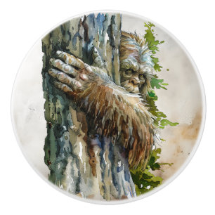 Watercolor Bigfoot Hiding Forest Ceramic Pull