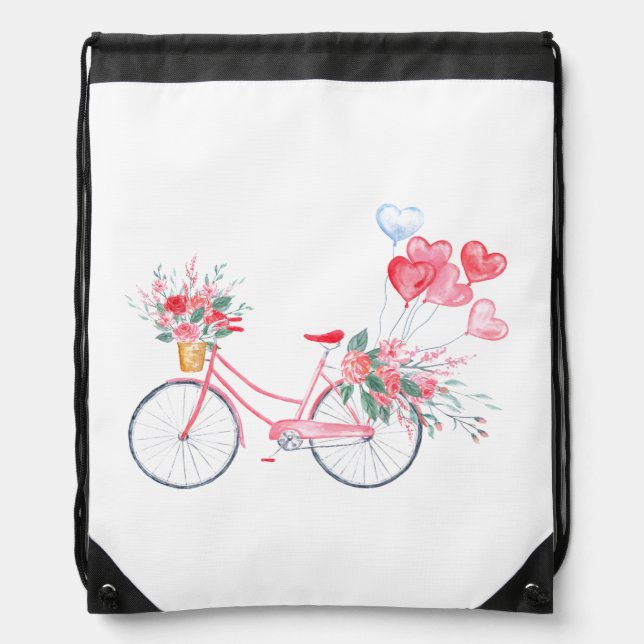 Watercolor Bike & Balloons Drawstring Bag (Front)