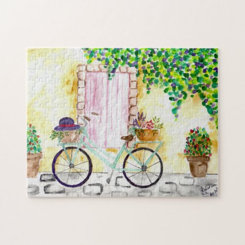 Watercolor Bike Floral Basket Flowers Cobblestone Jigsaw Puzzle