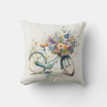 Watercolor Bike With Flower Basket Throw Pillow at Zazzle
