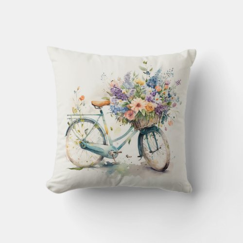 Watercolor Bike with Flower Basket Throw Pillow