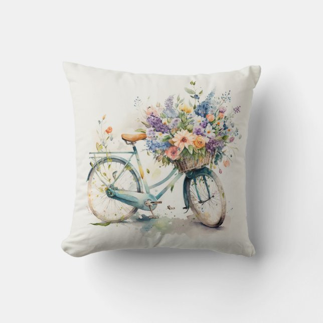 Watercolor Bike with Flower Basket Throw Pillow (Front)