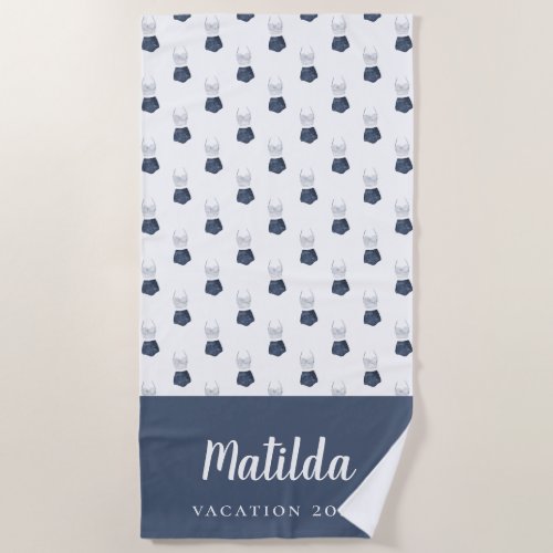 Watercolor bikini blue and white personalized beac beach towel