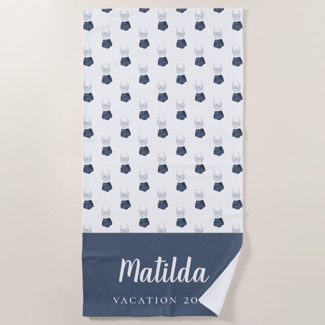 Watercolor bikini blue and white personalized beac beach towel (Front)