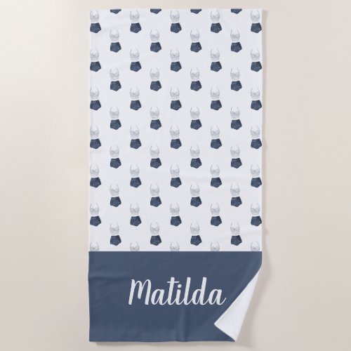 Watercolor bikini blue and white personalized beach towel