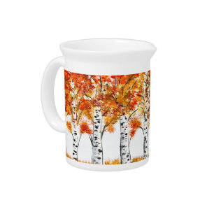 Watercolor Birches Trees Fall Autumn orange Leaves Beverage Pitcher