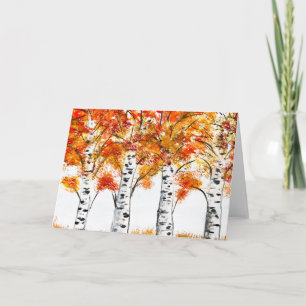 Watercolor Birches Trees Fall Autumn orange Leaves Card