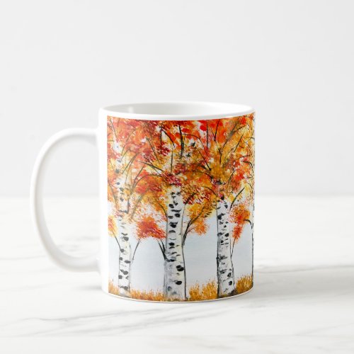 Watercolor Birches Trees Fall Autumn orange Leaves Coffee Mug