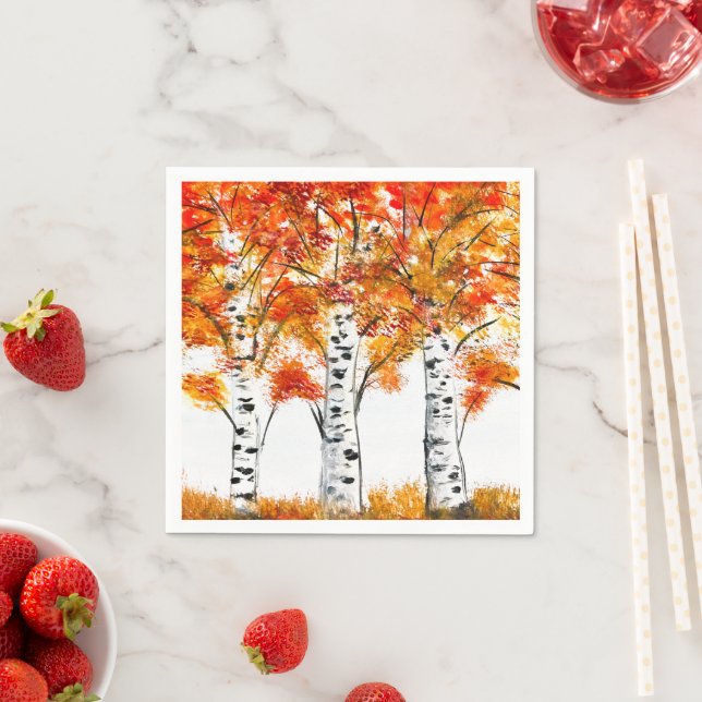 Watercolor Birches Trees Fall Autumn orange Leaves Napkins (Insitu)
