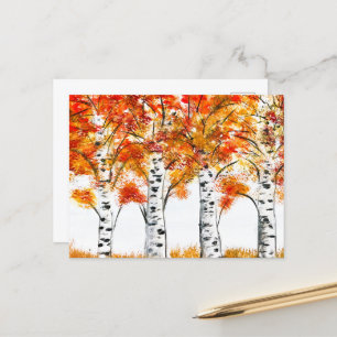 Watercolor Birches Trees Fall Autumn orange Leaves Postcard