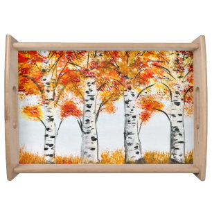 Watercolor Birches Trees Fall Autumn orange Leaves Serving Tray