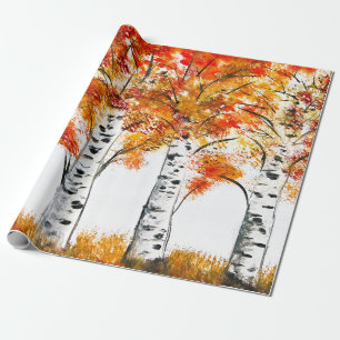 Watercolor Birches Trees Fall Autumn orange Leaves Wrapping Paper