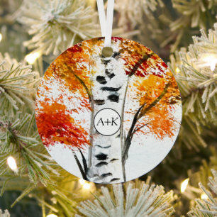 Watercolor Birches Trees Fall Autumn Wedding Metal Ornament