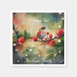 Watercolor Bird and Berry Branch Christmas Napkins