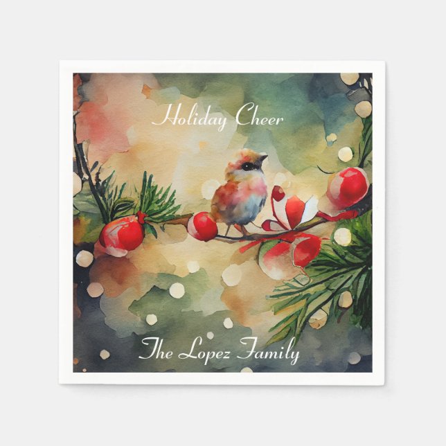 Watercolor Bird and Berry Branch Christmas Napkins (Front)