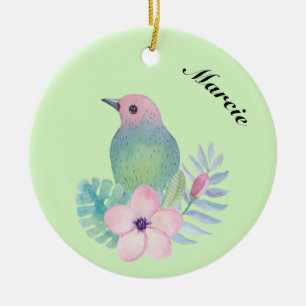 Watercolor Bird and Flower Ceramic Ornament