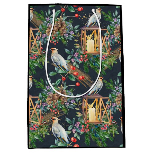 Watercolor Bird and Lantern Design Christmas Medium Gift Bag