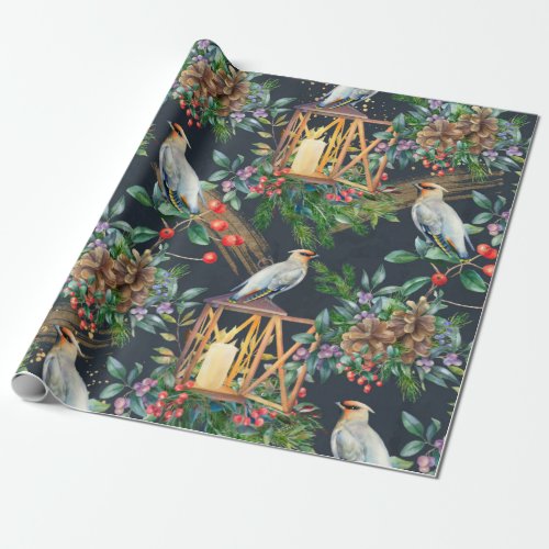 Watercolor Bird and Lantern Design Christmas Wrapping Paper