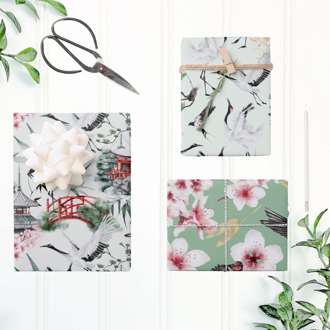 Watercolor Bird Botanical Japanese Nature Pattern Wrapping Paper Sheets (Creator Uploaded)