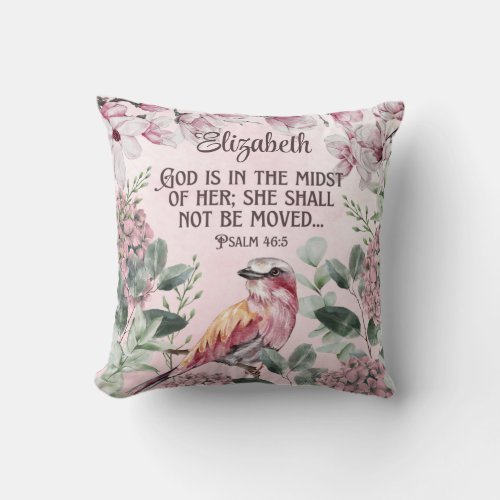 Watercolor Bird Flowers Christian Scripture Name   Throw Pillow