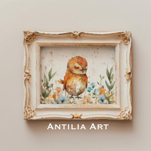 Watercolor Bird Illustration Rustic Floral Field Poster