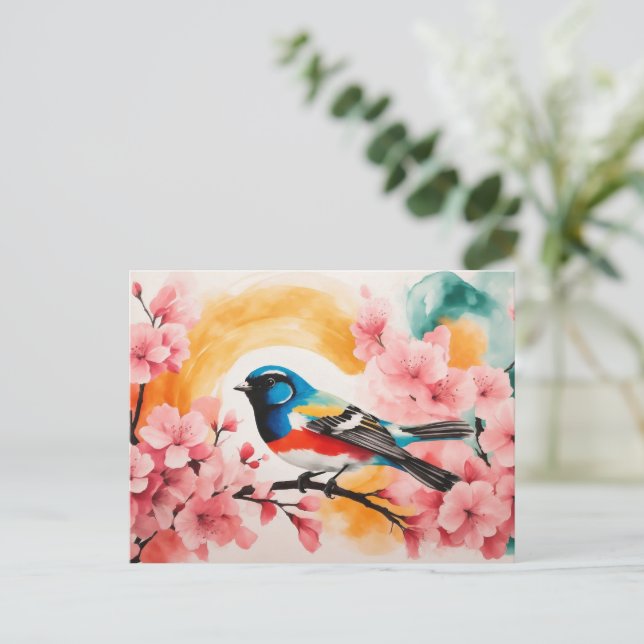 Watercolor Bird In Springtime Cherry Blossoms Postcard (Standing Front)