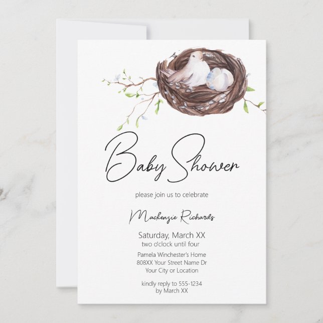 Watercolor Bird Nest and Eggs Baby Shower Invitation (Front)