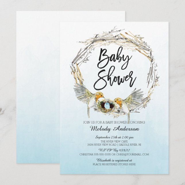 Watercolor Bird Nest Boys Baby Shower Invite (Front/Back)