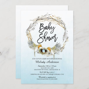 Watercolor Bird Nest Boys Baby Shower Invite