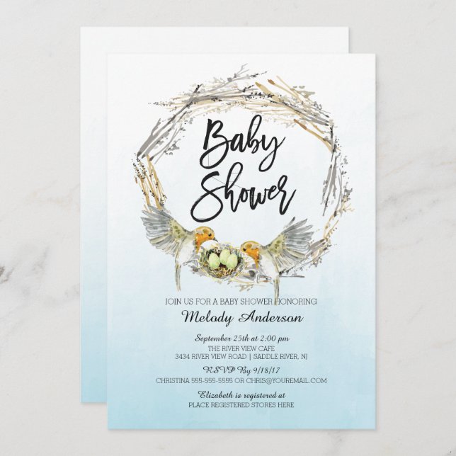 Watercolor Bird Nest Triplets Baby Shower Invite (Front/Back)