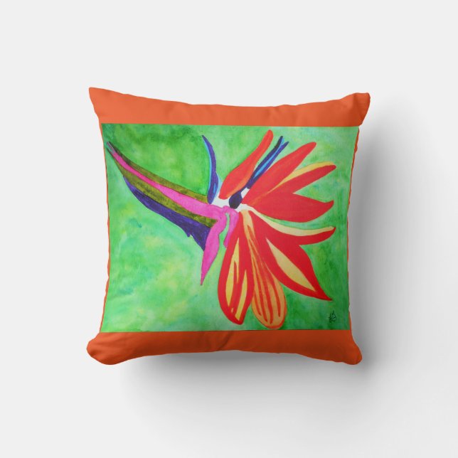 Watercolor bird of paradise flower throw pillow (Front)