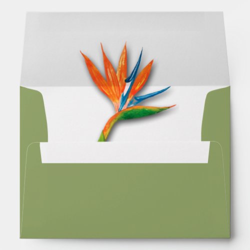 Watercolor Bird of Paradise Lined Green Envelope