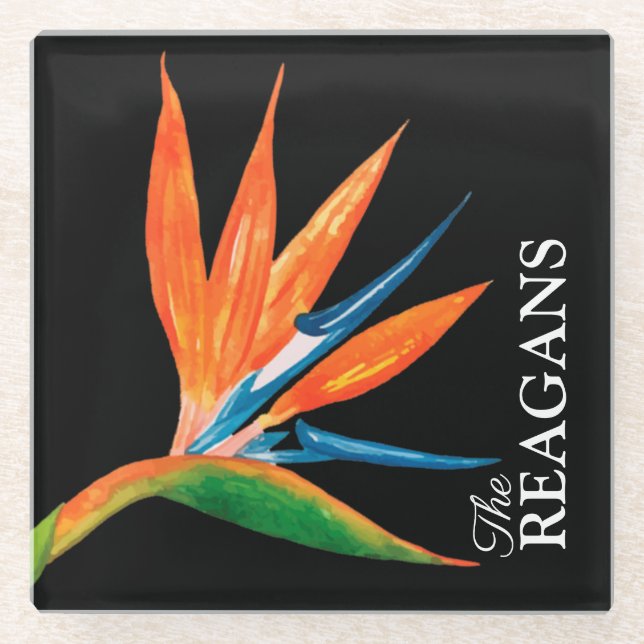 Watercolor Bird of Paradise Personalized Custom Glass Coaster (Front)