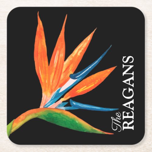 Watercolor Bird of Paradise Personalized Custom Square Paper Coaster