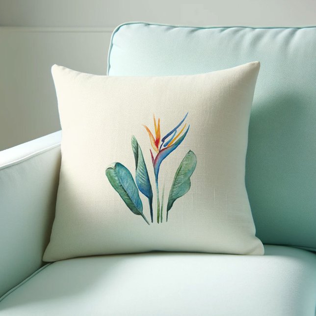 Watercolor Bird of Paradise Throw Pillow (Tropical decor bird of paradise pillow watercolor art by Victoria Grigaliunas Do Tell A Belle)