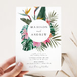 Watercolor Bird of Paradise Wreath Wedding Invitation<br><div class="desc">Elegant, tropical wedding invitations featuring your names encircled by a wreath of watercolor bird of paradise plants, pink hibiscus flowers, and rich green tropical leaves. Personalize the bird of paradise wedding invitation by adding wedding details such as your wedding date, time, location, etc. The modern tropical wedding invitations are perfect...</div>