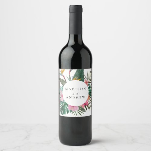 Watercolor Bird of Paradise Wreath Wedding  Wine Label