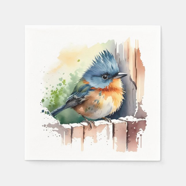 Watercolor Bird On A Fence Napkins (Front)