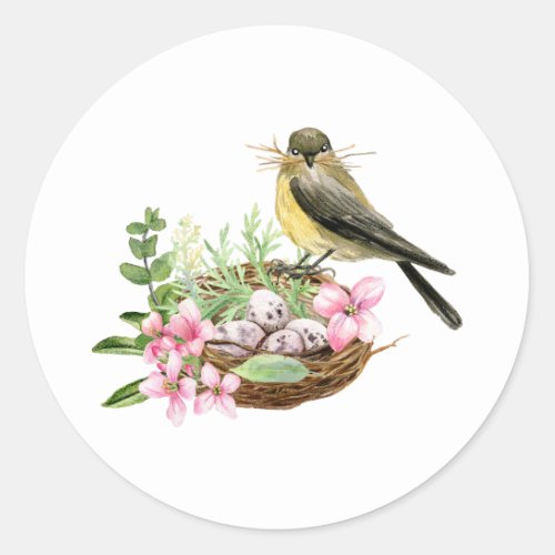 Watercolor Bird on the Nest with Pink Flowers  Classic Round Sticker