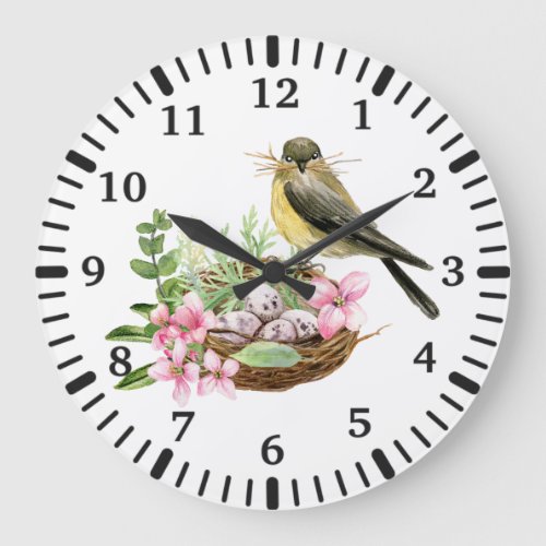 Watercolor Bird on the Nest with Pink Flowers  Large Clock