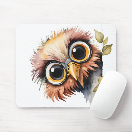 Watercolor Bird Peeking Around Tree Mouse Pad