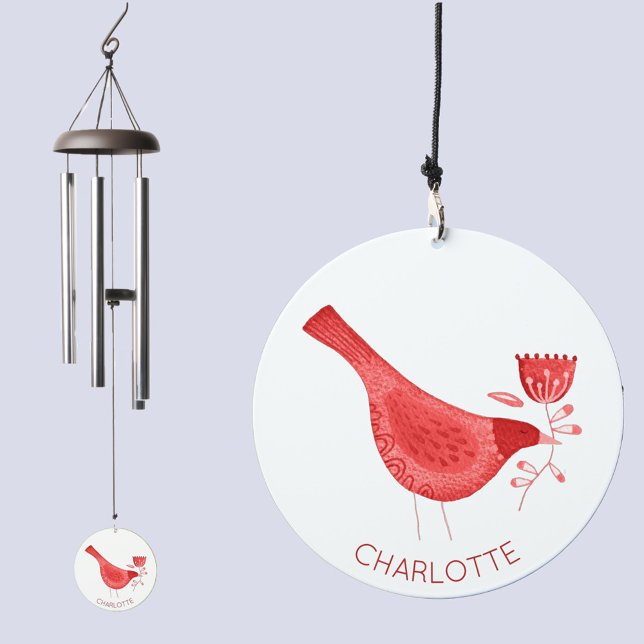 Watercolor Bird Personalized Name Wind Chime (Modern watercolor bird red and white personalized custom name wind chime)