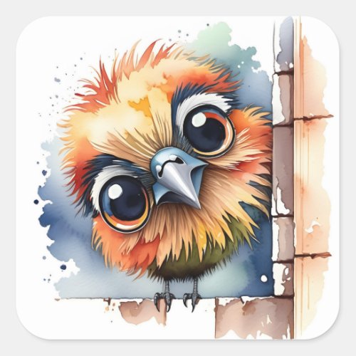 Watercolor Bird Sitting On a Wall Square Sticker