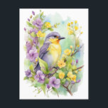 Watercolor Bird with Violet and Yellow Flowers  Postcard<br><div class="desc">Watercolor nature illustration</div>