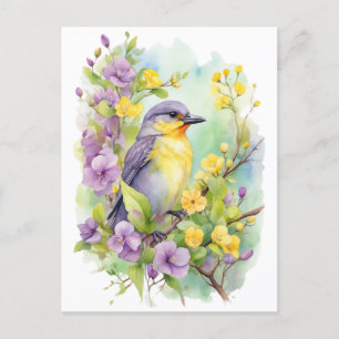 Watercolor Bird with Violet and Yellow Flowers  Postcard