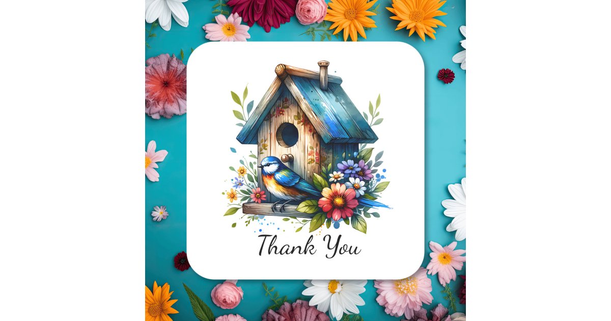 Watercolor Birdhouse and Bird Thank You Square Sticker | Zazzle